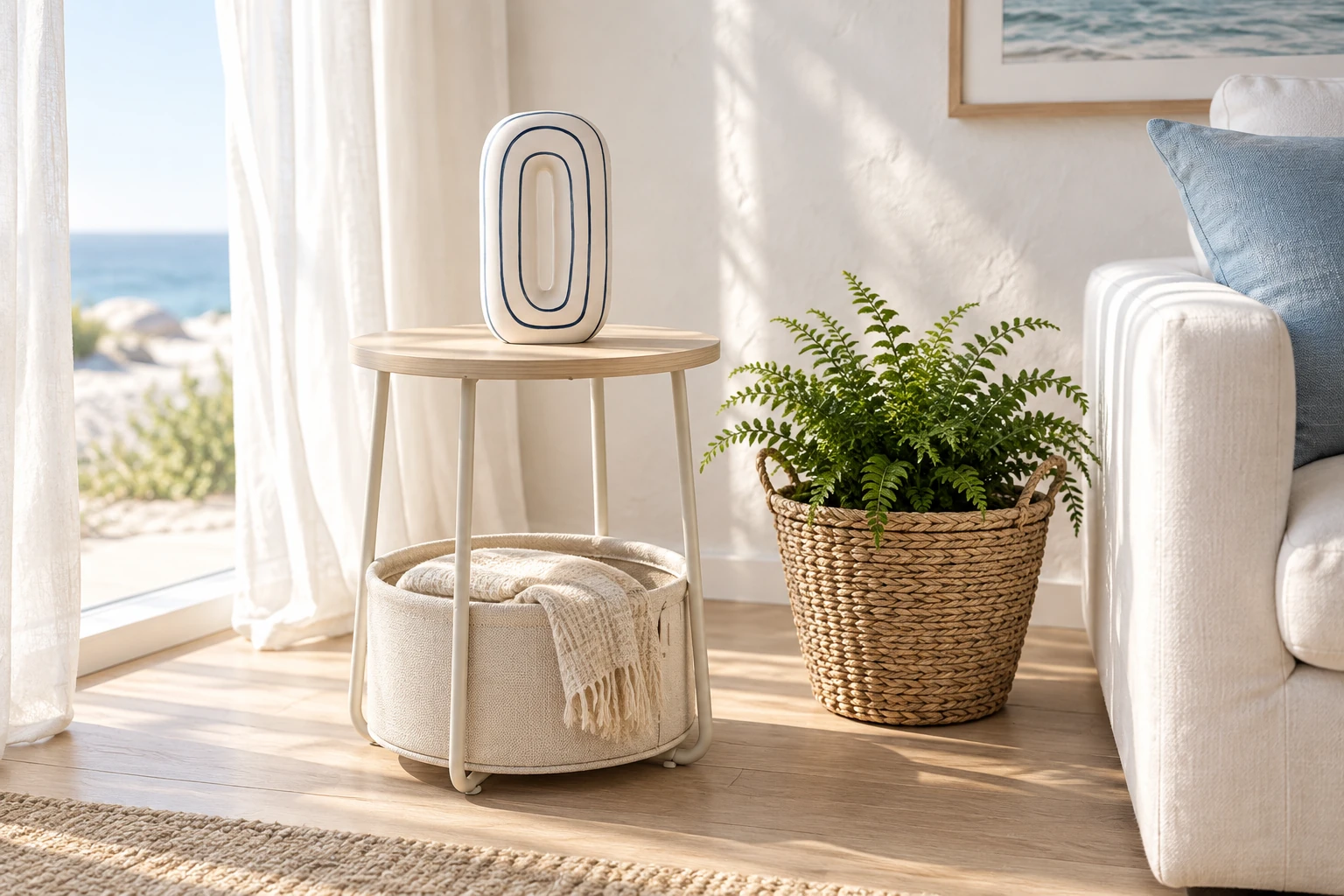 Coastal-Wohnwelt mit cremeweißem Beistelltisch, weiß-blauer Vase und Seegras-Pflanzkorb am Fenster.
