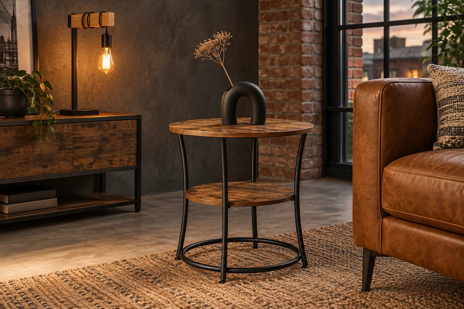Industrial-Wohnwelt mit rustikalem Beistelltisch, schwarzer Bogen-Vase und Holz-Metall-Tischlampe neben einem cognacfarbenen Sofa.